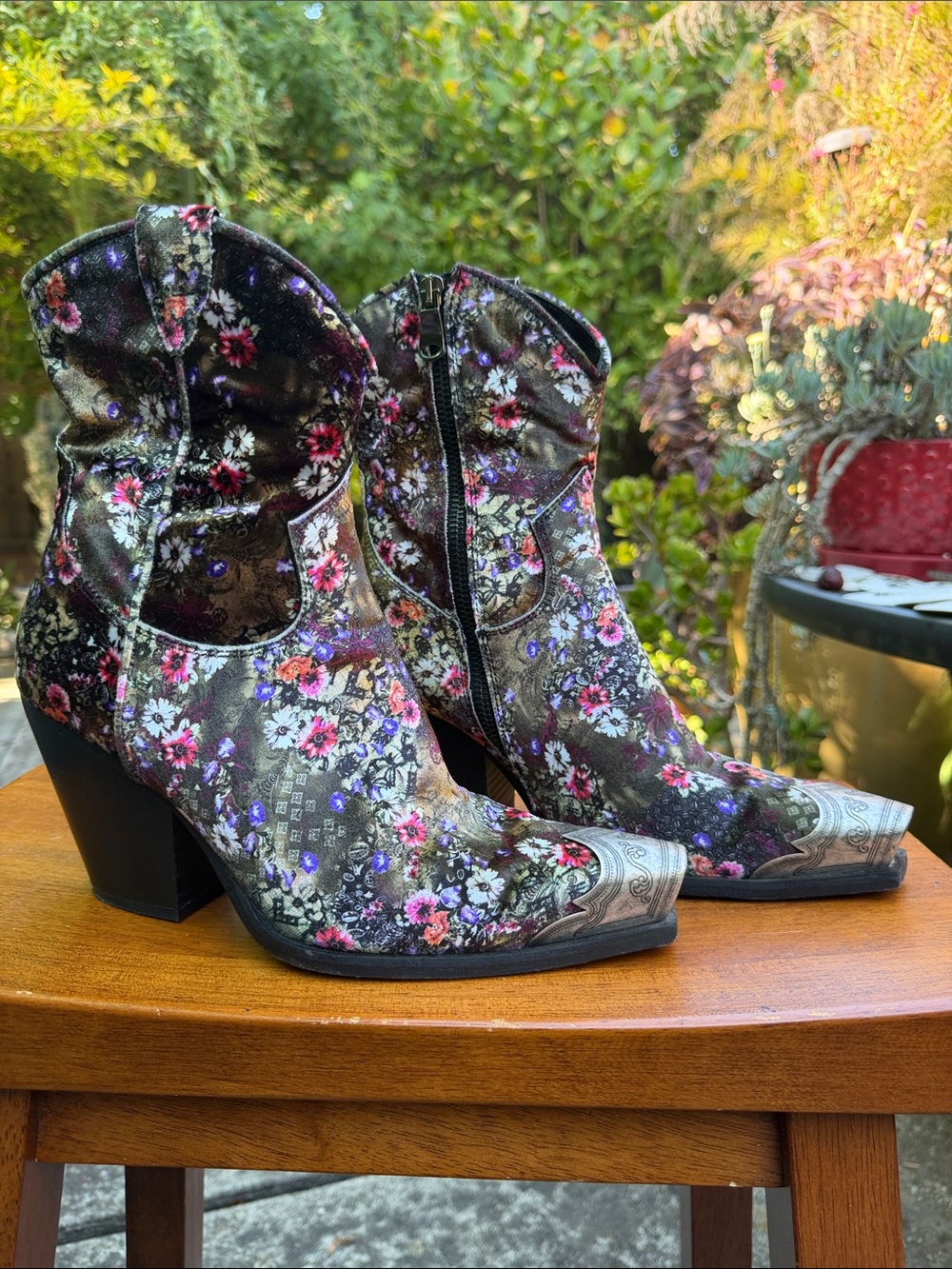 Free People Brayden Black Floral Velvet Western Booties w/ Pink & Purple Flowers